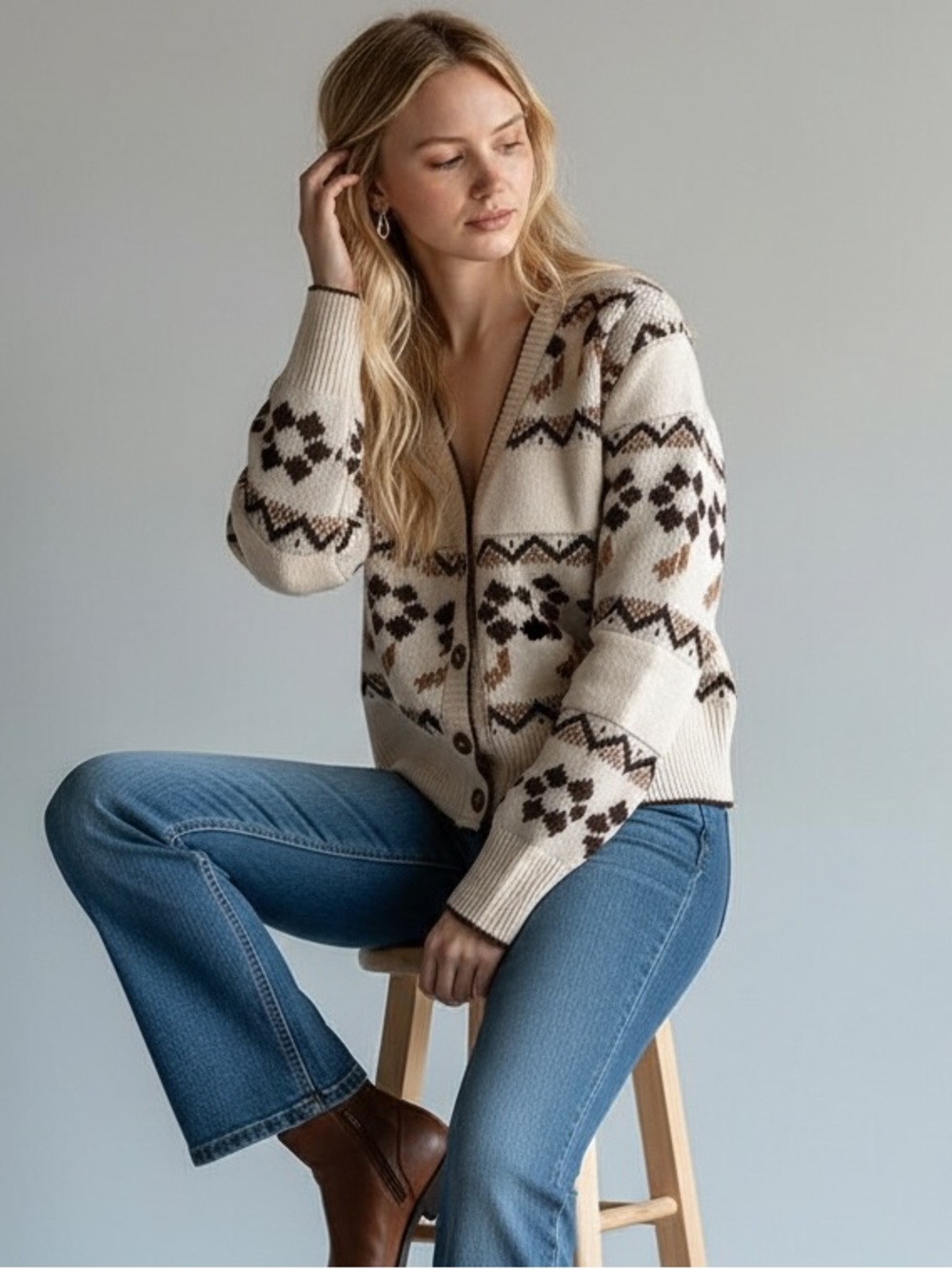 Haute Monde Cream and Brown Geo-Patterned Button-Front Cardigan